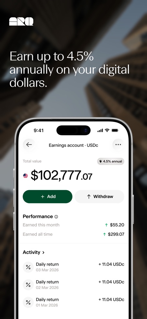 ARQ (formerly DolarApp) - The app clearly displays an earnings account with a 4.5% annual return rate and a detailed breakdown of daily return activity on digital dollars.