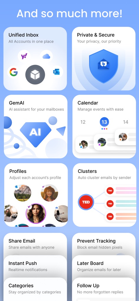 Blue Mail - Email | Calendar - L'app offre un'ampia gamma di funzionalità, chiaramente illustrate da una griglia di schede che include "Unified Inbox" e "GemAI", ciascuna accompagnata da icone distintive come lo scudo per la privacy e il diamante per l'AI.