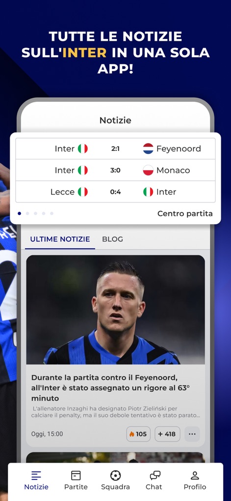 Inter Live - News & Matches - Dieser Bildschirm präsentiert eine übersichtliche Nachrichten-Zentrale mit aktuellen Spielergebnissen in der oberen Leiste und bietet darunter einen scrollbaren Feed mit detaillierten Artikeln und Teaser-Bildern.