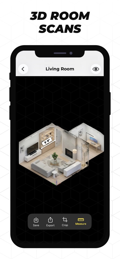 Tape Measure™ - La funcionalidad de escaneo 3D permite a los usuarios generar modelos detallados de habitaciones, como se muestra en el renderizado tridimensional de una sala de estar con una medida de "5' 0"" destacada y opciones de exportación para compartir.