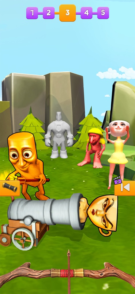 Rapid Punch Hero! - Los usuarios exploran un entorno al aire libre con montañas y árboles, presentando un cañón que dispara una cabeza humana y una variedad de enemigos extravagantes como el robot gris.