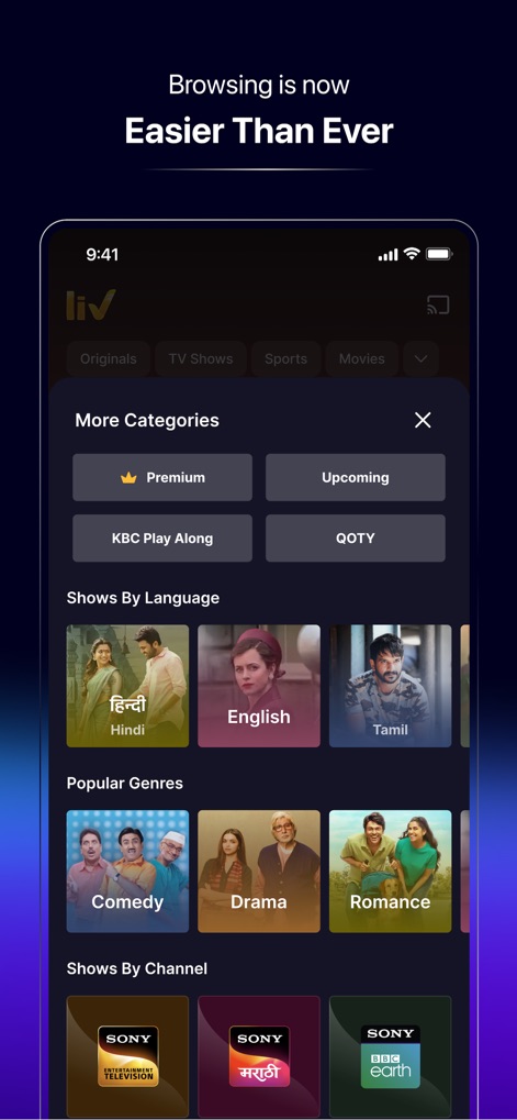 Sony LIV - La fonctionnalité 'More Categories' (Plus de catégories) offre des filtres avancés tels que 'Premium' et 'Upcoming', tandis que les sections 'Shows By Language' (Émissions par langue) et 'Popular Genres' (Genres populaires) facilitent l'exploration.