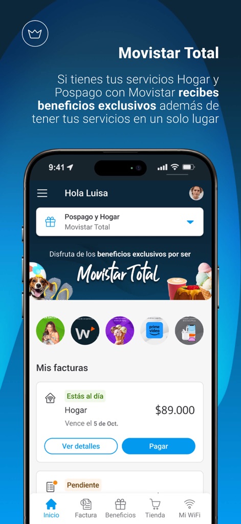 Mi Movistar Colombia - Movistar Totalのホーム画面は、Movistar Arenaや提携ブランドの特典を視覚的に表示し、住宅サービスと携帯電話サービスの請求額概要を明確に提示しています。