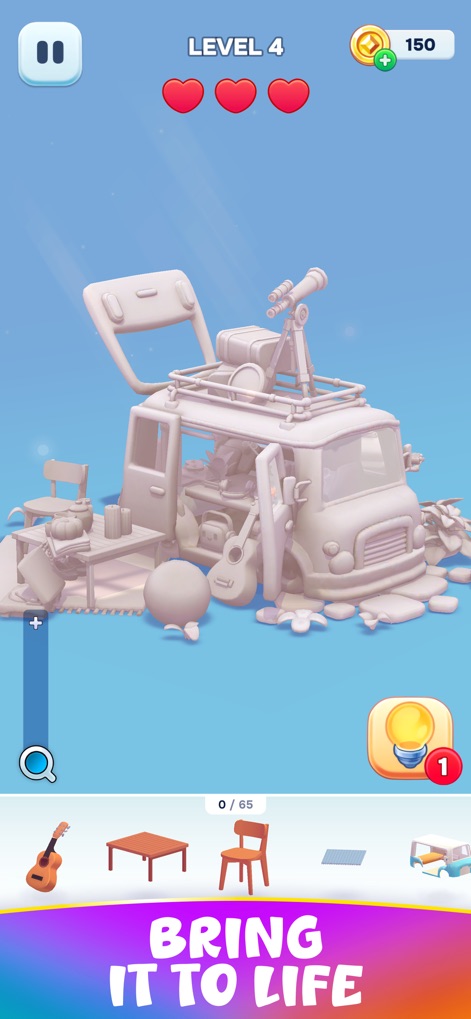 Decolore - Examine a complex 3D vehicle scene, presenting a variety of items like a telescope and a guitar ready for arrangement.