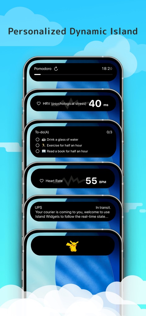 Island Widgets - Gestalten Sie Ihre Dynamic Island individuell mit einem praktischen Pomodoro-Timer zur Produktivitätssteigerung und einem charmanten digitalen Haustier, das den Bildschirm belebt.