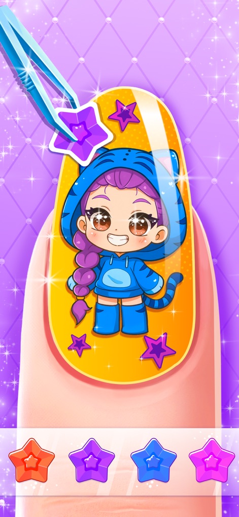 Nail Salon Games for Kids 2-5 - Esta ferramenta oferece a aplicação de adesivos de personagens fofos e joias em forma de estrela, utilizando uma pinça para precisão na decoração da unha.