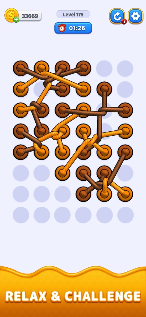 Rope Escape Master - Examine the diverse challenges presented by the app, featuring brown and orange ropes arranged on a dynamic grid layout, with the 'Level 175' progress clearly visible.