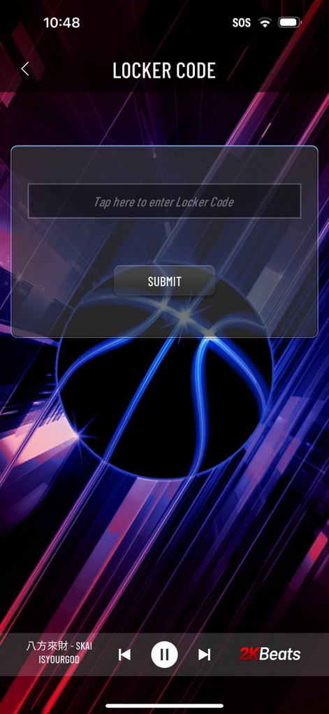 MyNBA2K Companion App - Witness the straightforward interface for redeeming exclusive locker codes, featuring a dedicated input field and a prominent submit button.
