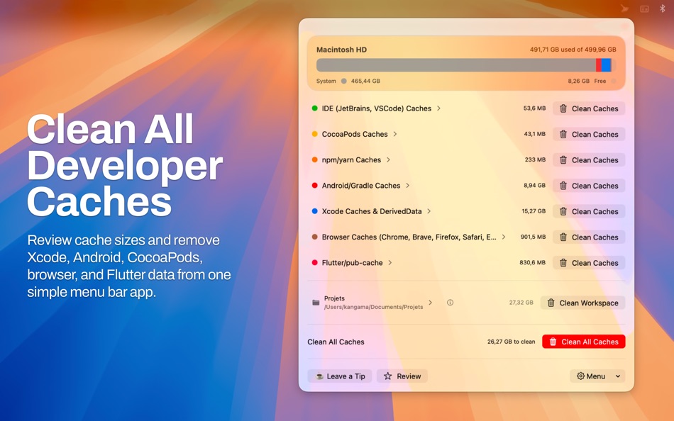 #1. Clean Caches - DevCacheCleaner (macOS) By: Karim Angama