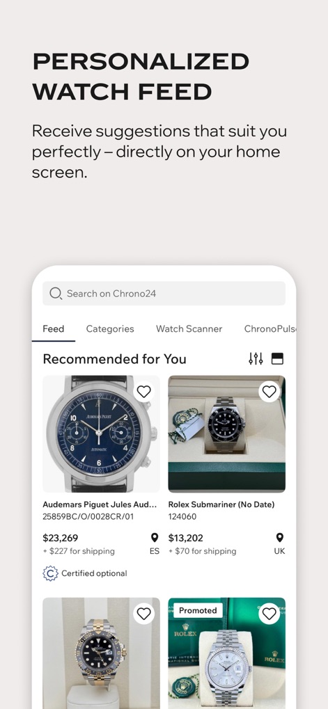 Chrono24 | Luxury Watch Market - Il feed personalizzato dell'app offre suggerimenti su misura, presentando orologi di lusso come un "Audemars Piguet Jules Audemars" e un "Rolex Submariner" nella sezione "Recommended for You", adattando le raccomandazioni agli interessi dell'utente.