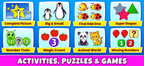 Kids Games: For Toddlers 3-5 - The app presents a rich variety of mini-games from 'Complete Picture' to 'Magic Count', ensuring diverse engagement for young learners.