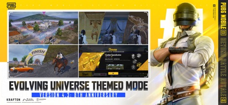 PUBG MOBILE - Descubre las novedades del Modo Temático Universo Evolutivo, donde se aprecian escenarios de un mapa urbano con multitudes y una pantalla de especialización de combate para personalizar armas.