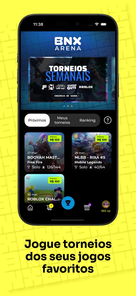 Bonoxs - The BNX Arena showcases upcoming weekly tournaments for popular titles like Free Fire, clearly displaying prize pools and current participant counts for easy registration.