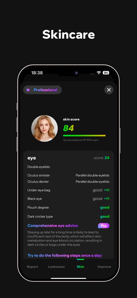 AnimalFace - looksmax ai score - The app provides detailed "skincare advice" with a "skin score" and specific analysis of facial features like "dark circles" and "under-eye bags" for improvement.