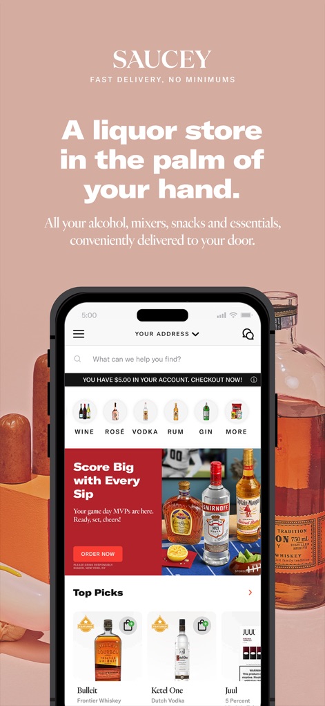 Saucey: Alcohol Delivery - The app's intuitive interface displays diverse product categories and prominent promotional banners, streamlining the shopping experience.