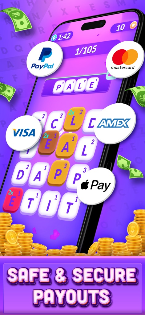 Real Money Word Search Skillz - The app ensures convenient and secure financial transactions, prominently featuring multiple trusted payment logos like PayPal and Apple Pay.