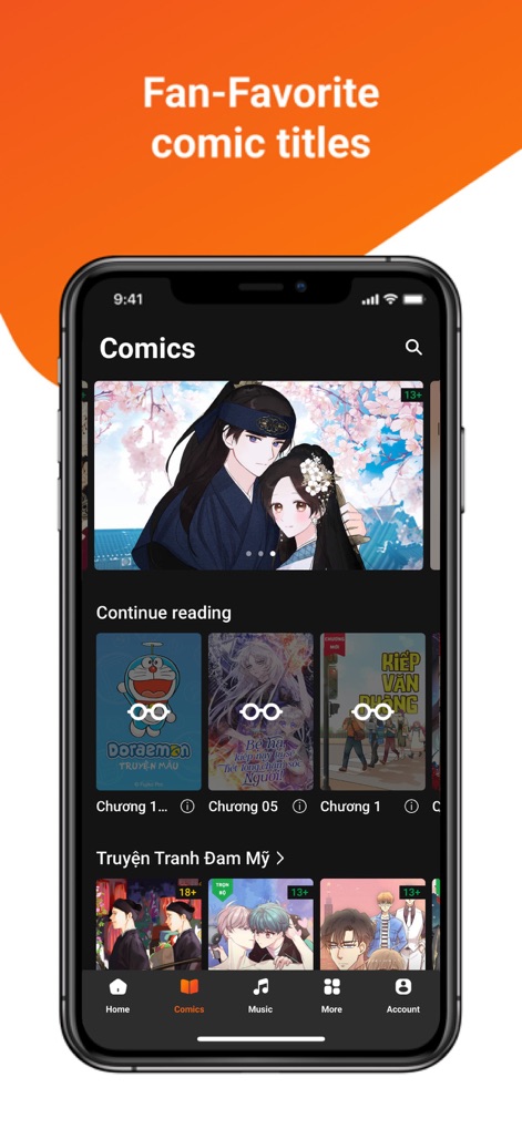 POPS - Your Comic Destination - このコミック画面では、ユーザーは「Continue reading」機能で中断した場所から読書を再開でき、「Truyện Tranh Đam Mỹ」などの特定のジャンルからお気に入りの作品を簡単に見つけられます。