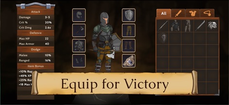 Obsidian Knight: Roguelike RPG - La interfaz de equipo permite a los jugadores personalizar su personaje, mostrando estadísticas detalladas en la izquierda y una ranura para cada pieza de armadura y arma en el centro.