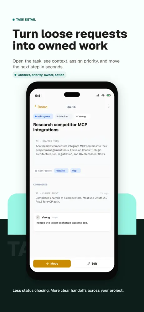 Agiflow iPhone task detail showing ownership and comments