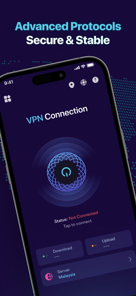 Secure VPN: Private & Fast - La interfaz principal, actualmente en estado "Not Connected", permite a los usuarios activar rápidamente la protección VPN con un solo toque en el botón central.