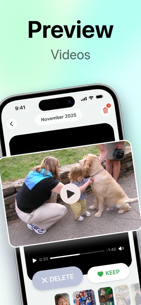 SwipeClean: Storage Cleanup - 動画ファイルを削除する前に、その内容をプレビューして確認できます。この表示では、大きな動画プレビュー画面と、動画を「DELETE」または「KEEP」するための分かりやすいボタンが視認できます。