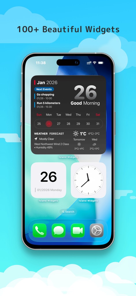 Island Widgets - Dieser Screenshot präsentiert eine Auswahl ästhetischer Home-Screen-Widgets, darunter ein großes, umfassendes Widget mit Kalender, Wetter und bevorstehenden Ereignissen sowie ein stilvolles, schlichtes Uhren-Widget.
