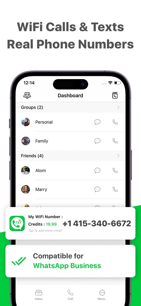 TXT App Phone Now - The app's central dashboard visually organizes user contact groups and clearly displays the assigned WiFi number with credit balance.
