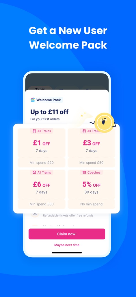TrainPal: UK& EU train tickets - Nutzer können ein attraktives Willkommenspaket mit diversen Rabattangeboten, wie beispielsweise £1 oder £3 Nachlass, in Anspruch nehmen, wobei die spezifischen Bedingungen und Mindestausgaben für jeden Gutschein klar dargestellt sind.