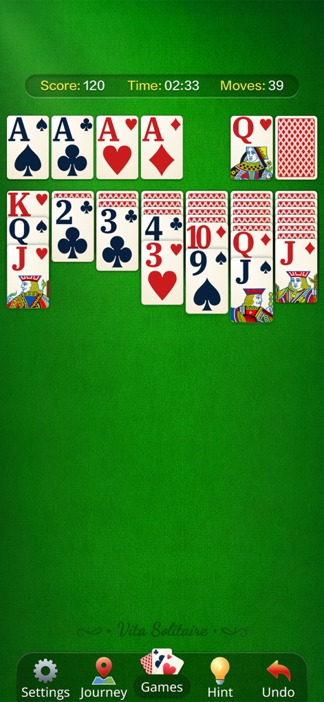 Vita Solitaire for Seniors - This tool presents a traditional Solitaire tableau layout, allowing users to easily distinguish between different card suits and ranks for focused gameplay.