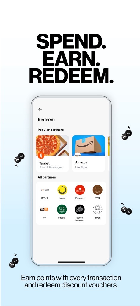 Telda - La aplicación muestra las opciones para canjear puntos con socios populares como "Talabat" y "Amazon", incentivando a los usuarios a maximizar sus compras.
