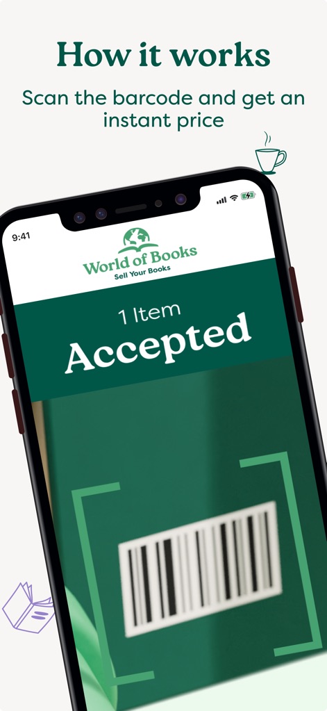 Sell books with World of Books - Users can effortlessly scan item barcodes and view the immediate 'Accepted' confirmation displayed within the app's clean interface.