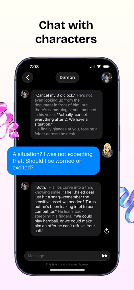 Swerve - AI Chat - Experience dynamic dialogue with AI characters through a clear chat interface, where users can see their own persona's responses and the AI's detailed replies.