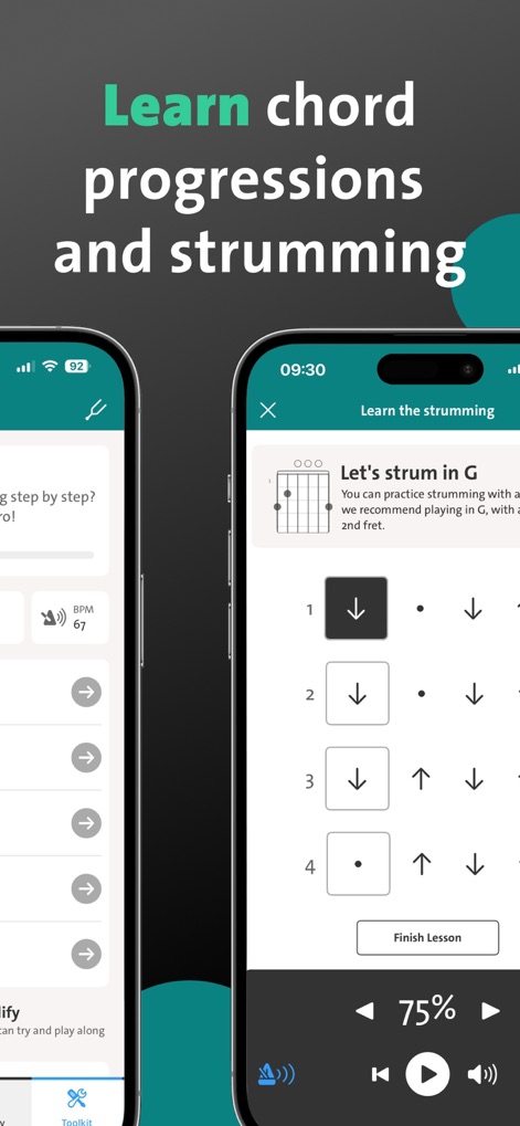 Chordify: Songs, Chords, Tuner - Users can master precise strumming patterns with clear visual guides and adjust the playback speed to comfortably learn complex rhythms.