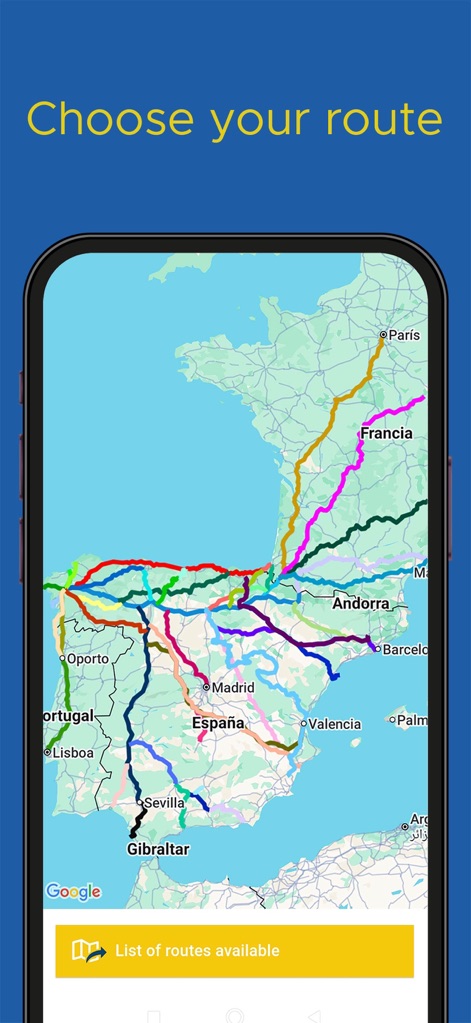 Buen Camino de Santiago App - La aplicación muestra un mapa interactivo con múltiples rutas señalizadas, permitiendo a los usuarios visualizar la diversidad de Caminos y seleccionar su recorrido deseado.