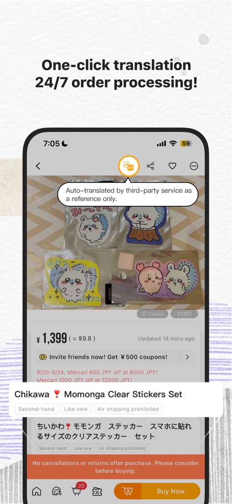 Doorzo – Buy & Bid from Japan - This tool simplifies cross-border shopping with an 'Auto-translated by third-party service' bubble for product descriptions, as demonstrated with a listing for 'Chikawa & Momonga Clear Stickers Set'.