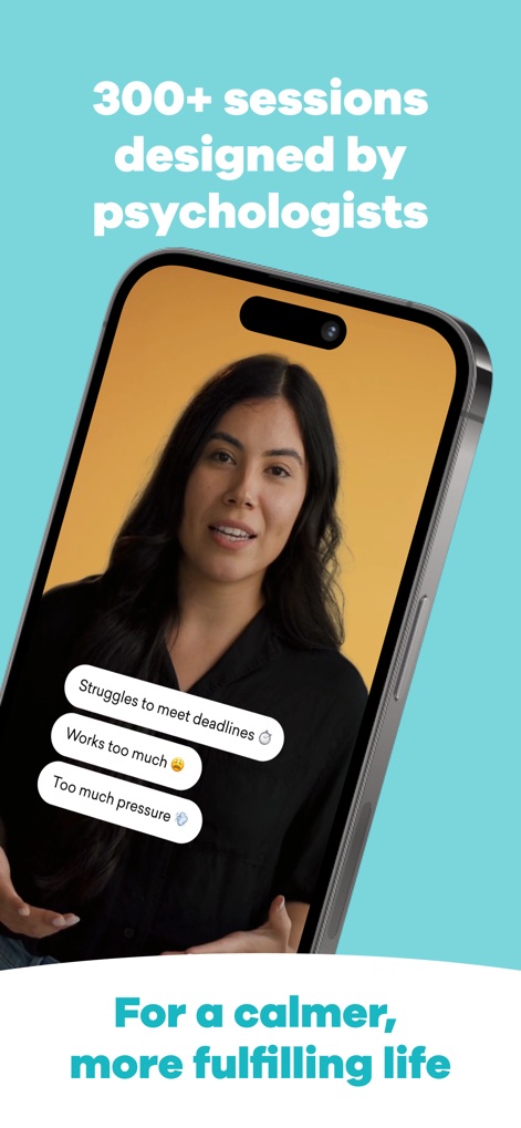 MindDay: Mental Health, Stress - L'application met en avant des sessions vidéo animées par des experts, offrant une approche personnalisée pour explorer des thèmes comme la gestion du stress professionnel et des objectifs de vie, avec des bulles de dialogue interactives.