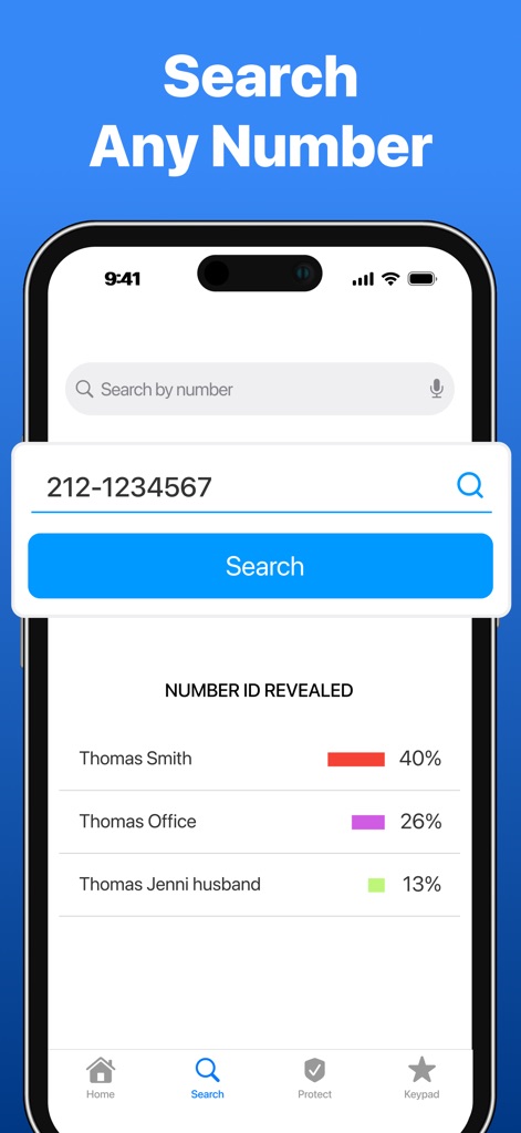 ViewCaller: Caller ID - La interfaz permite buscar cualquier número, como '212-1234567', y revela múltiples identificaciones potenciales, incluyendo 'Thomas Smith 40%' con sus respectivos porcentajes de probabilidad.