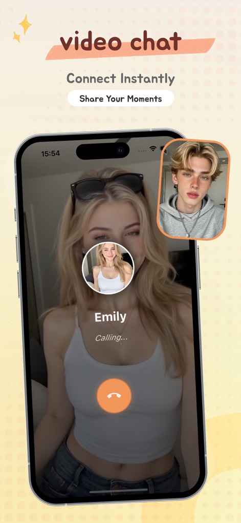 Tigo -  Connect, Play, Grow - ユーザーは、メイン画面に表示される通話相手（Emily）と、画面上部に小さく表示されるもう一人の参加者の顔を見ながら、瞬時に繋がることができます。