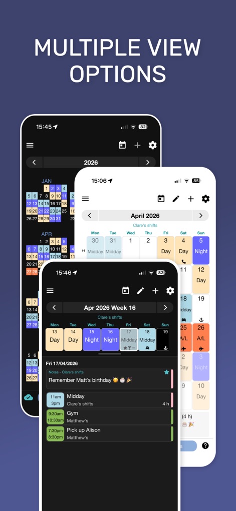 My Shift Planner - Calendar - 사용자는 월별 전체 개요와 같은 다양한 캘린더 보기 옵션을 활용하여, 필요에 따라 특정 날짜의 자세한 근무 및 개인 메모를 유연하게 확인할 수 있습니다.