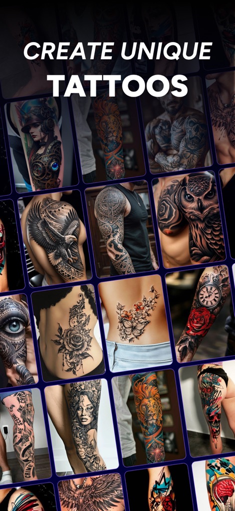 AI Tattoo Generator - INKDNA - Eine umfangreiche Galerie präsentiert eine beeindruckende Vielfalt an generierten Tattoo-Designs, die von komplexen Ärmeltattoos bis hin zu filigranen Rückenmotiven reichen und individuelle Inspiration bieten.