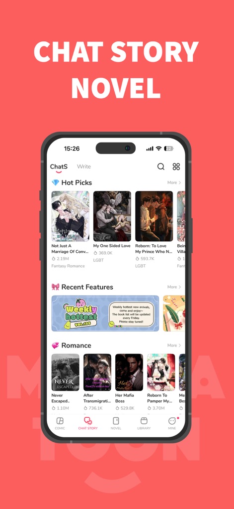 MangaToon: Comic & Manga - Beyond comics, the app introduces innovative 'Chat Stories' through its dedicated section, presenting 'Hot Picks' and 'Recent Features' for new narrative forms.