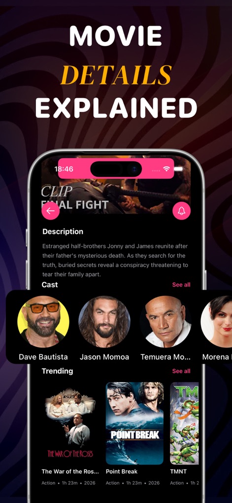 Streamex : Movies & TV Shows - The app offers comprehensive movie descriptions and highlights prominent cast members like Dave Bautista and Jason Momoa with their images.
