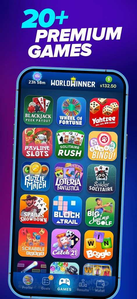 WorldWinner: Play for Cash - Explore the app's diverse game selection, featuring popular titles like 'Blackjack Peek Payout' and 'Wheel of Fortune', all easily accessible from the intuitive bottom navigation bar.