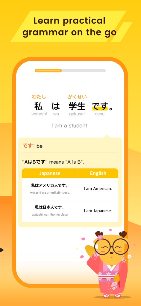 LingoDeer - Learn Languages - Die App bietet klare Erklärungen zu komplexen Grammatikregeln, wie der japanischen Satzstruktur „A wa B desu“, und zeigt anschauliche Beispiele in Japanisch und Englisch.