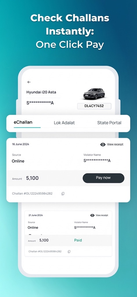 CarInfo - Vehicle Information - The app facilitates instant challan checks and shows detailed payment options, allowing users to resolve traffic fines efficiently with a clear 'Pay now' button.