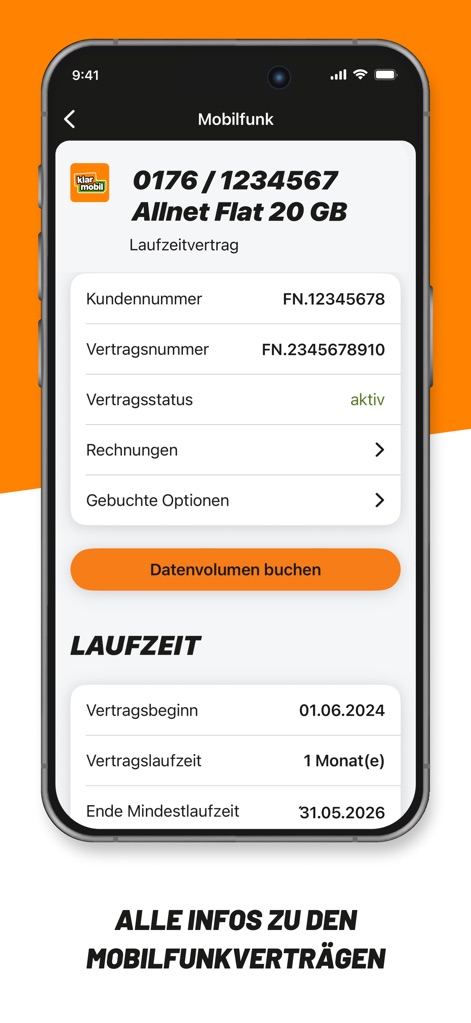 klarmobil - This tool provides a comprehensive view of all mobile contract specifics, including customer and contract numbers, alongside detailed contract term information.