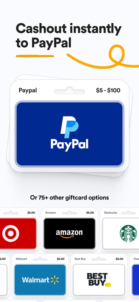 Eureka: Earn money for surveys - Die Ansicht präsentiert diverse Auszahlungsmöglichkeiten, darunter die sofortige Überweisung via PayPal und eine Auswahl von über 75 Gutscheinkarten bekannter Marken.