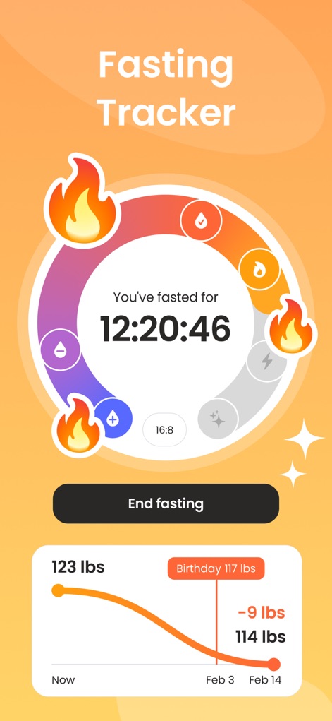 Fasting App: Tracker & Timer - Users can monitor their active fast with a real-time timer displaying the duration and visualize weight loss progress through an intuitive graph.