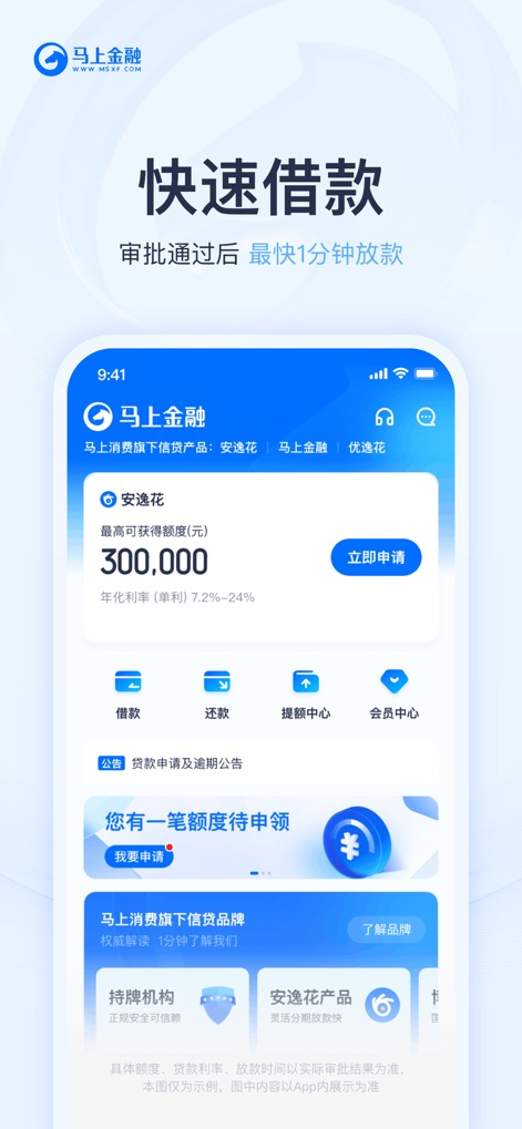 马上金融-正规贷款分期借钱快速借款平台 - This screenshot details the swift loan disbursement process, promising funds as fast as 1 minute after approval, and showcases the intuitive main dashboard with access to borrowing and repayment functions.