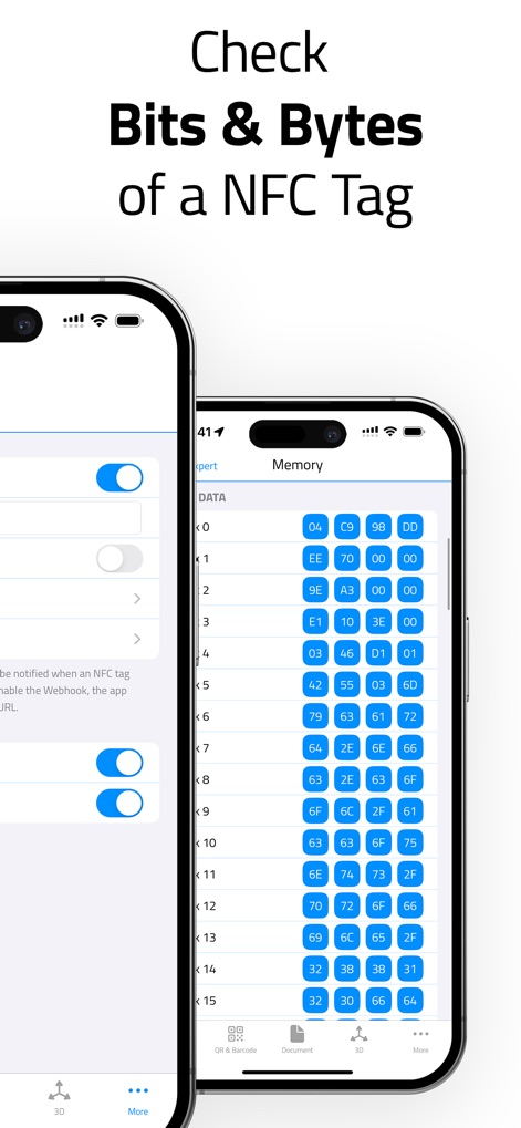 NFC.cool Tools Tag Reader - This tool provides deep tag analysis, presenting a detailed "Memory" view displaying raw hexadecimal data for advanced users and illustrating side-by-side comparison with other app settings.